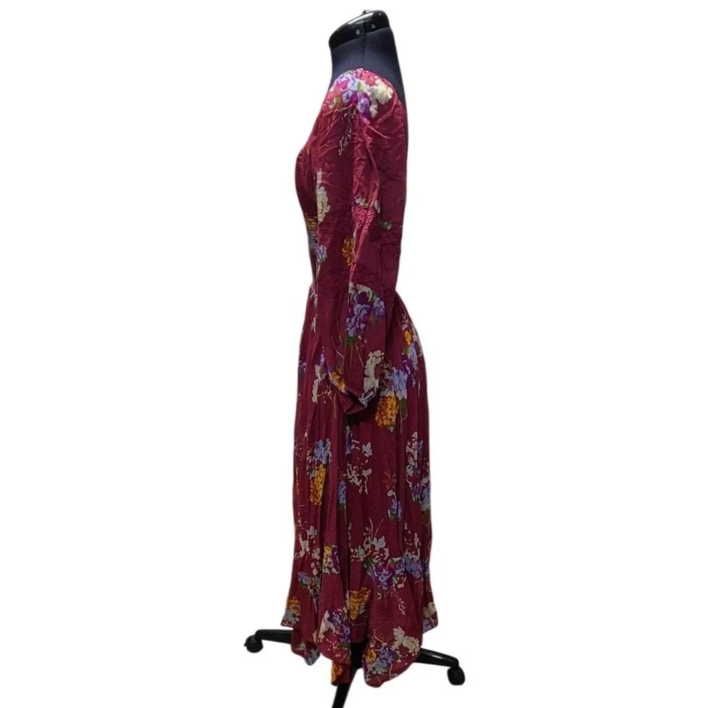 Free People Boho Floral Smocked Midi Dress Burgundy Red Size XS